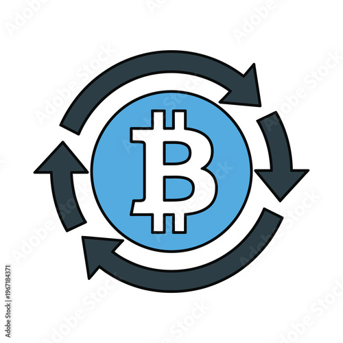 Vector graphic of a bitcoin symbol surrounded by circular arrows in a clockwise direction