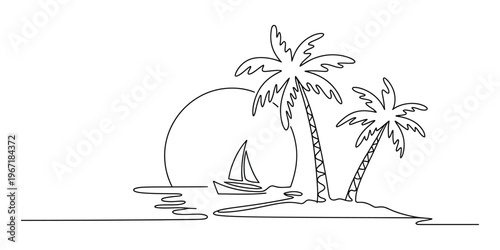 Continuous Line Drawing of Tropical Beach Sunset with Palm Trees