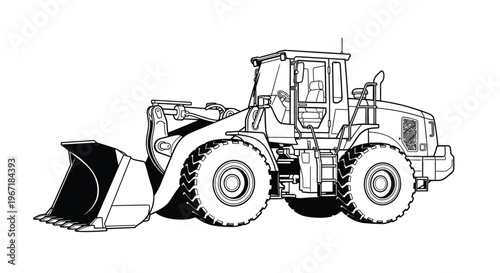 Detailed line art depiction of a front loader construction vehicle silhouette