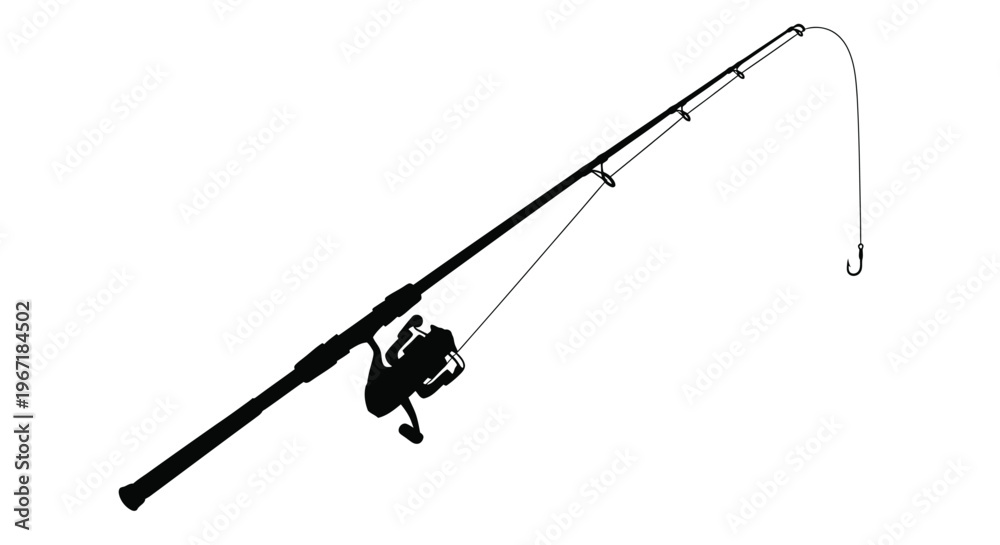 Fototapeta premium A detailed black silhouette of a fishing rod and reel with line silhouette