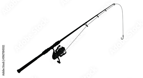 A detailed black silhouette of a fishing rod and reel with line silhouette