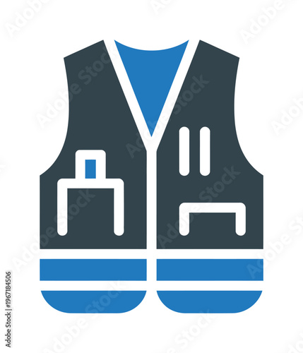 Vector graphic of a dark blue safety vest with reflective white stripes and pockets