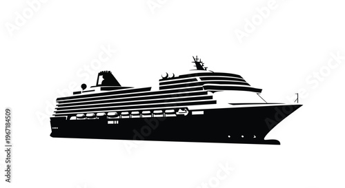 A large cruise ship sailing on the water depicted in black silhouette