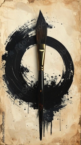 Vertical painting paintbrush over a gestural black circle, aged, textured paper