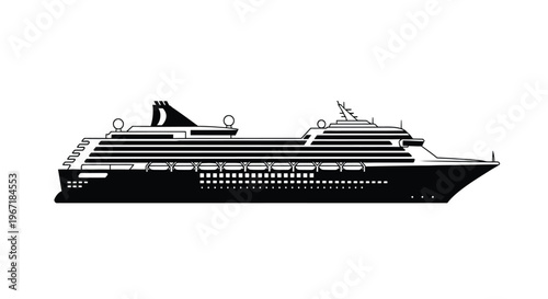Detailed cruise ship illustration against a white background black silhouette