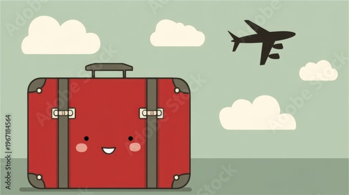 Travel adventure with a smiling suitcase airport departure digital illustration playful environment aerial view journey concept