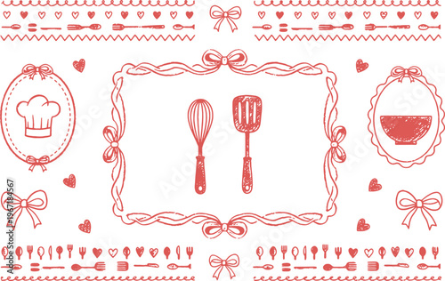 red kitchen utensils and cookware icons on white