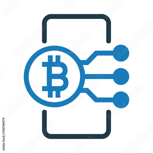 Vector graphic of a bitcoin symbol connected to circuit lines in a blue and black design