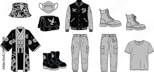 Streetwear clothing icons collection with bucket hat face mask jacket boots kimono cargo pants t‑shirt fashion accessories vector illustration artwork set