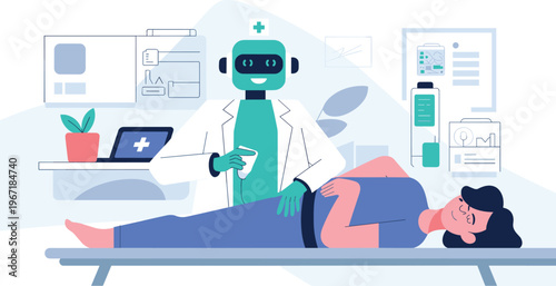 Robot Doctor Examines Patient on Medical Table Modern Healthcare Technology Flat Design Illustration Style