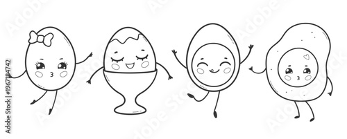 Vector illustration of cute eggs in different cooking styles with smiling faces. Flat isolated breakfast food set.