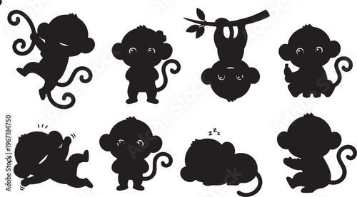 Cute Monkey Silhouette Vector Clipart Set