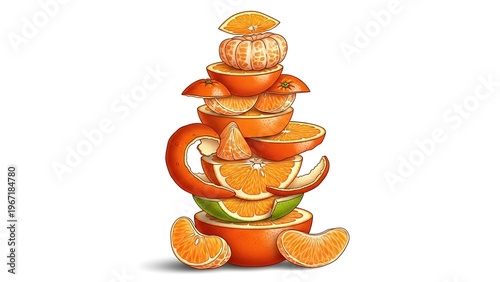 Stacked orange peels and slices.