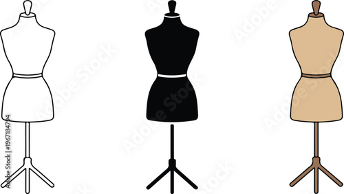 Minimalist vector set of tailor mannequin icons featuring outline silhouette and beige flat color design styles for fashion boutique and sewing projects.