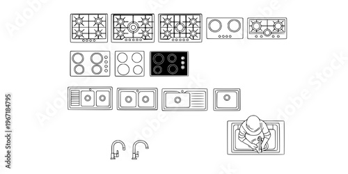 Vector set of kitchen elements top view: various cooktops (stoves) and sinks for architectural floor plans and interior layouts.
