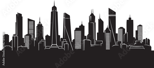 Black and white city skyline with skyscrapers