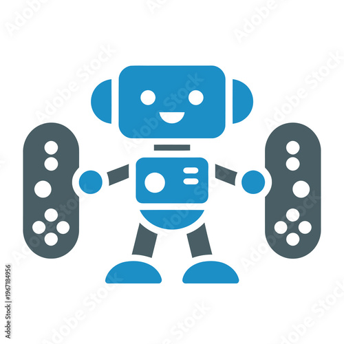 Blue vector robot holding two gray remote controls in its hands happily standing