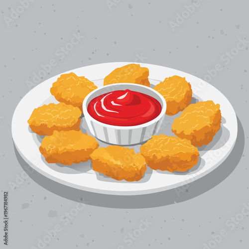 Plate of golden fried chicken nuggets with red sauce illustration