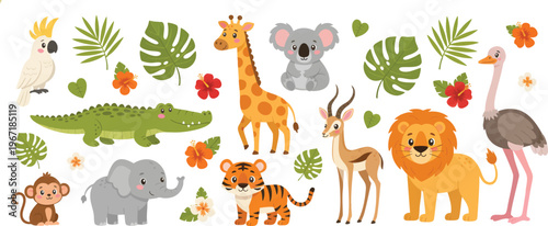 Cute Safari Animals and Tropical Leaves Cartoon Collection