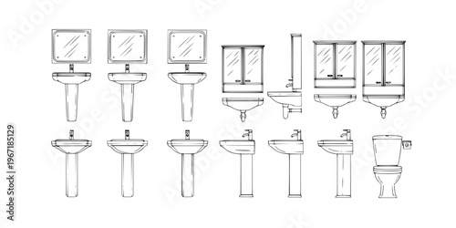 Technical architectural drawing showing various bathroom sink and basin designs in plan and elevation views including wall-mounted, pedestal, and corner units