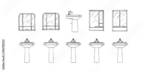 Technical architectural drawing showing various bathroom sink and basin designs in plan and elevation views including wall-mounted, pedestal, and corner units