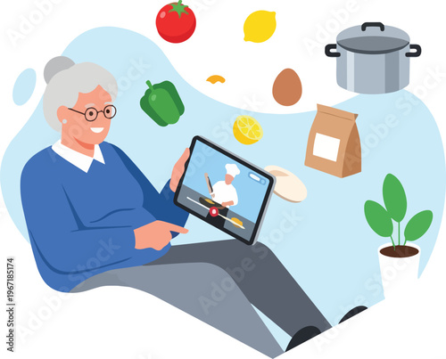 Senior Woman Watching Online Cooking Tutorial on Tablet - Elderly Lady Learning Culinary Skills via Video Lesson Illustration