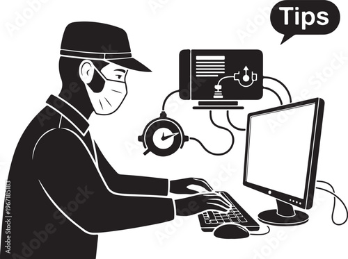 Man in face mask working on computer with laptop and clock