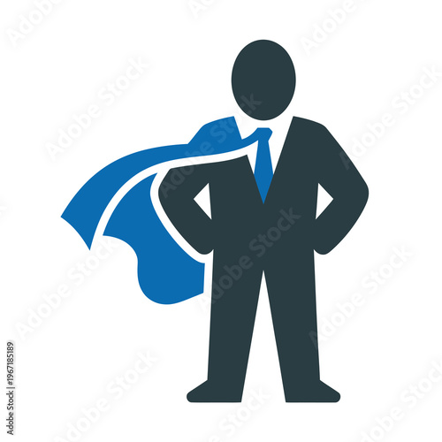 Vector graphic of a business man wearing a blue cape standing heroically in a suit