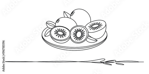 Fresh Kiwi Fruit Plate Line Art
