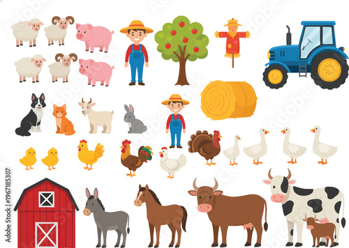 Cute Cartoon Farm Animals and Farmer Vector Illustration Set