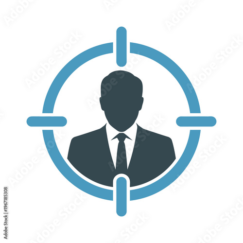 Vector graphic of a suited man in a targeting circle with crosshairs is shown