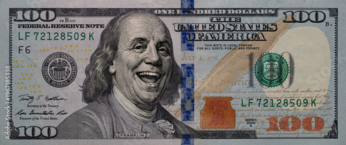 Benjamin Franklin smiling on 100 dollar banknote
