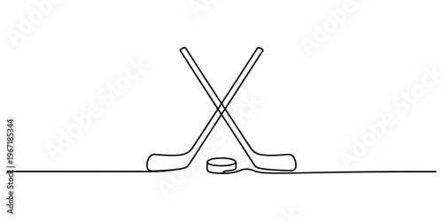 Continuous Line Drawing of Crossed Hockey Sticks and Puck