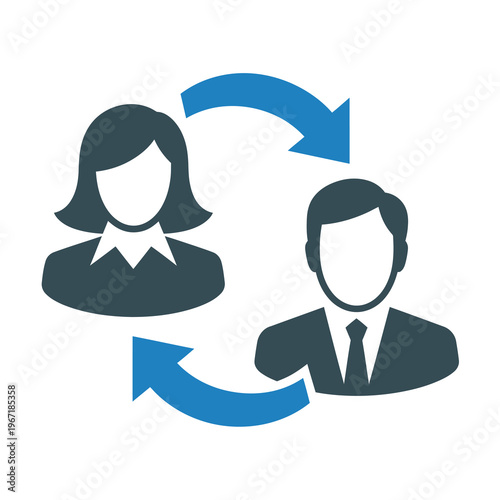 Vector graphic of a man and woman exchanging information in a circular communication process
