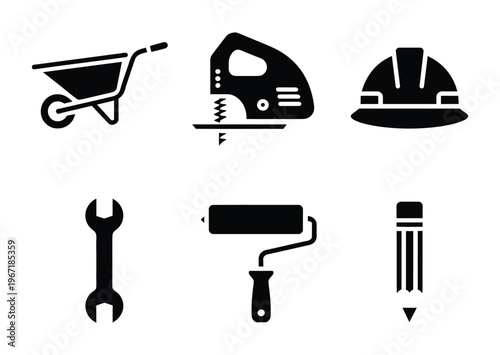 Vector graphic illustration of six construction tools and equipment in black on white background