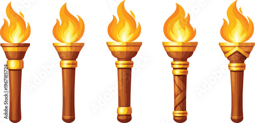 Set of five ancient golden torches with burning flames, representing victory, light, and power in a detailed vector illustration.