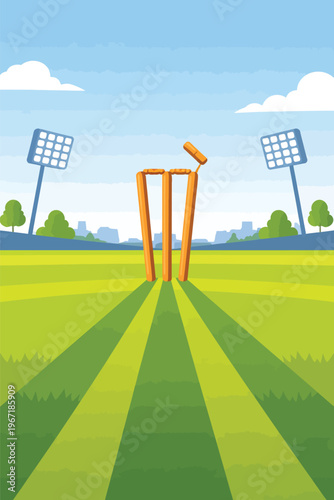 Cricket stadium vector illustration, wooden wickets on green grass field, professional sports arena with floodlights