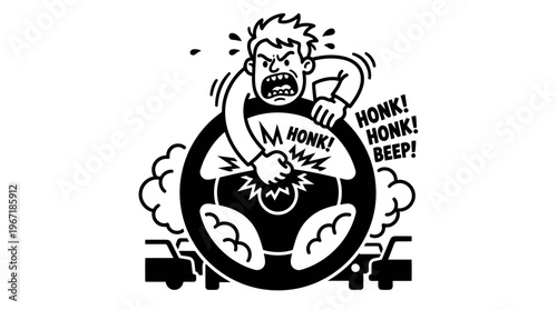 Minimalist Steering Wheel with Road Rage Cartoon Line Art, Monochrome Vector Illustration of Traffic Humor