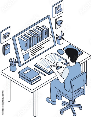 Isometric Illustration of a Student Studying Online with Digital Library and Books on a Computer Desk - E-Learning and Education Concept