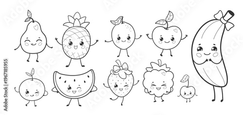 Vector illustration of cute fruits with smiling faces for kids menu. Black and white coloring page set.