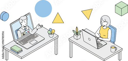 Isometric Illustration of Remote Work and Video Conferencing, Colleagues Collaborating Online via Virtual Meeting, Digital Communication and Telecommuting Concept