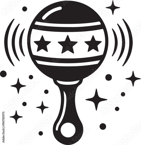 Retro maraca noisemaker with stars and sound waves, festive musical instrument icon