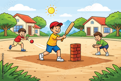 Cartoon children playing street cricket, happy boys with bat and ball in neighborhood, summer outdoor sports vector