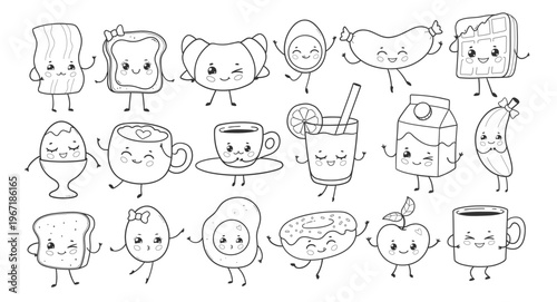 Vector illustration of cute breakfast food characters for kids menu. Black and white coloring page set.
