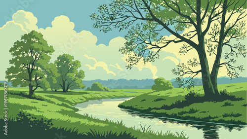 Serene rural landscape with winding river, green meadow and deciduous trees in flat vector style