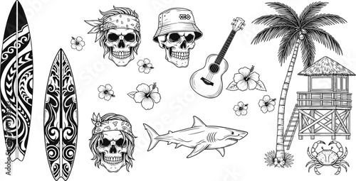 Tropical surf culture icons collection with skulls surfboards palm tree lifeguard tower guitar shark crab hibiscus flowers ocean beach vector illustration design