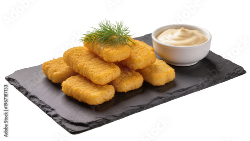 Golden crispy fish fingers with dill and mayonnaise dip, isolated on transparent background