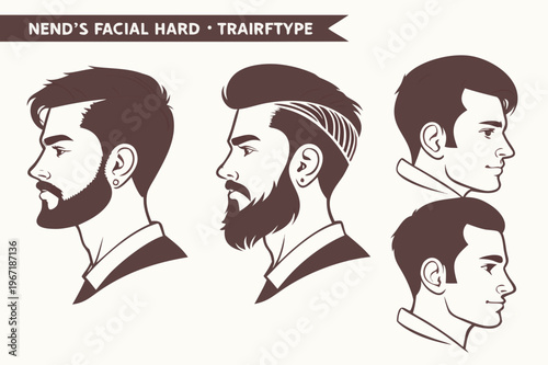 Collection of men's facial hair and hairstyle options features different beard shapes and trendy cuts for grooming. vector icon