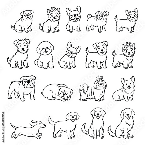 Cute Dog Line Art Collection Hand Drawn Puppy Cartoon Outline Set