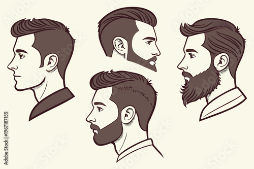 Collection of men's facial hair and hairstyle options features different beard shapes and trendy cuts for grooming. vector icon